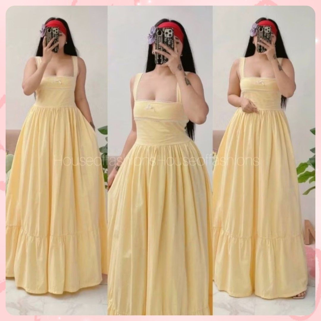 Maxi dress for TAKE ALL (Category: Dresses) located in Marikina City. Submitted by judesarchive (Listing ID 1458816486, Image 1). Description: Yellow Dress Series 💛 Used once Sizes: 1st pic — Small–Large, with side pockets 2nd pic — Small–XL, self-tie dress 3rd pic — XS–Medium, with adjustable strap at the back.