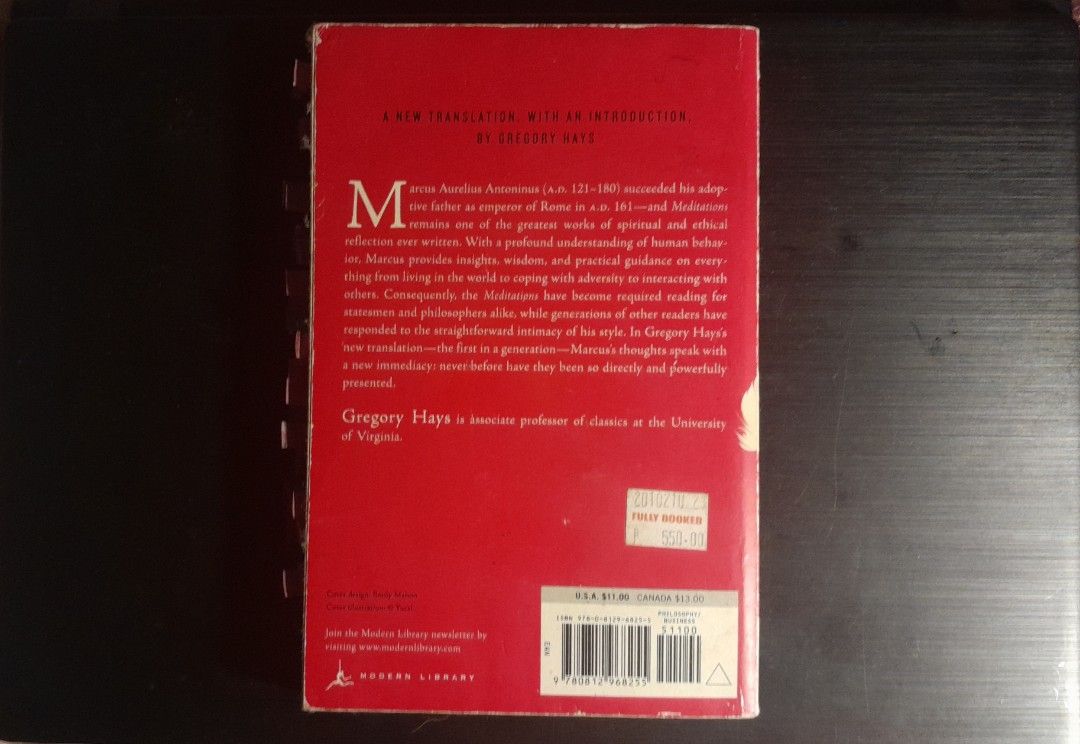 Meditations by Marcus Aurelius, Gregory Hays Translation (Category: Storybooks) located in Manila. Submitted by cashcarti1111 (Listing ID 1458783581, Image 2). Description: Heavily used. Last Price. Lalamove shipping only. .