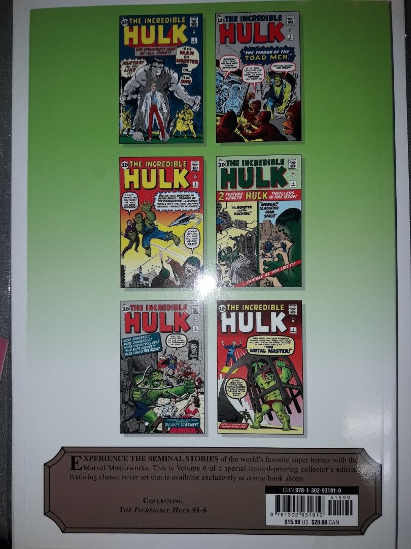 Mighty Marvel Masterworks: The Incredible Hulk (Category: Comics & Manga) located in Makati City. Submitted by julz2026 (Listing ID 1458785297, Image 2). Description: - Collects The Incredible Hulk #1-6 - Features seminal stories - Includes classic cover art - Collector's Edition - Perfect for Hulk fans and comic collectors.