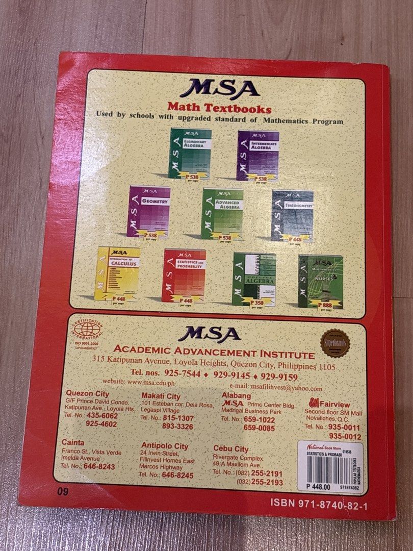 📚MSA Statistics and Probability Textbook by Alferz and Duro (Category: Textbooks) located in Taguig. Submitted by ukaymom (Listing ID 1458754627, Image 2). Description: - MSA Statistics and Probability textbook - Authors: Merle S. Alferz and Ma. Cecilia A. Duro - Project Director: Gerard S. Alferz - Publisher: MSA Academic Advancement Institute - Topics covered: Introduction to Statistics, Hypothesis Testing, Correlation and Regression, Chi-Squa