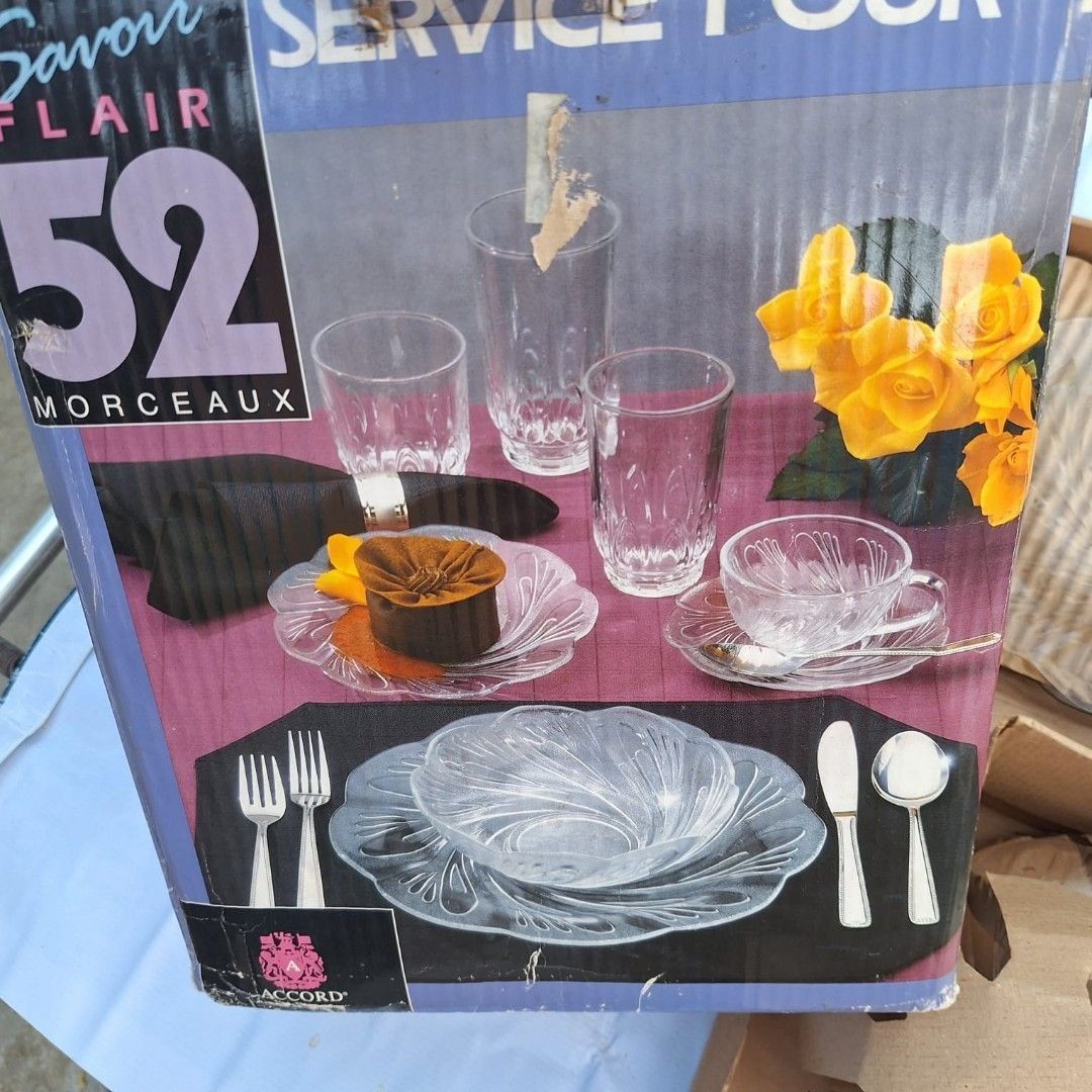 NEW Dinnerware Set (Category: Dinnerware & Cutlery) located in General Trias. Submitted by aeunice (Listing ID 1458874776, Image 2). Description: Brand: Savon Flair 52 Marceaux In Good Condition. Complete 52-piece glass dinnerware set by Savoir Flair. Includes glasses, cups, saucers, plates, and cutlery. Features a beautiful leaf pattern. Perfect for entertaining. Original box included. Meet up / Shipping via Lalamove, JnT, Gogo Express & LBC. .