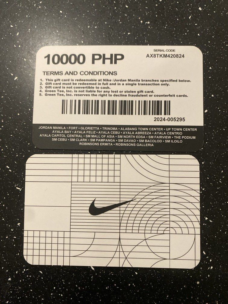 Nike Gift Certificate (Category: Vouchers) located in Pasig City. Submitted by mitchf2006 (Listing ID 1458807896, Image 1). Description: Only one available as one was bought already. 8k for the last one but 10k value Can be used for footwear or clothes in most nike or Jordan stores.