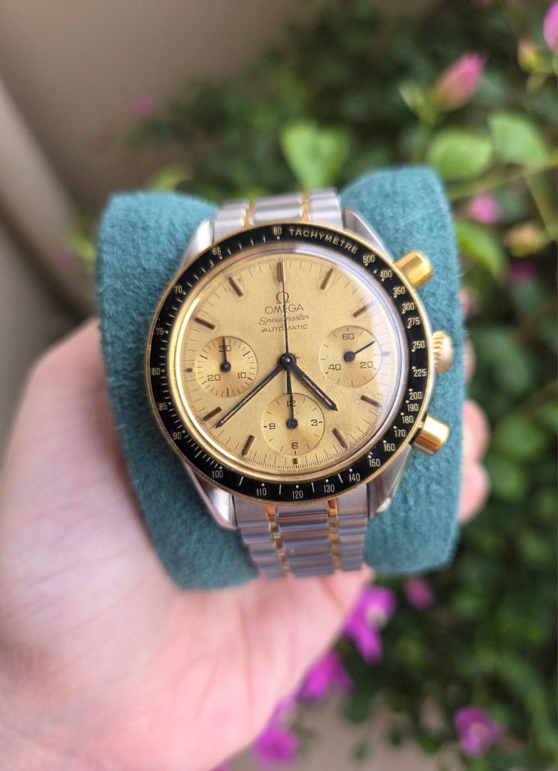 Omega Speedmaster Reduced 39mm 18K Champagne Dial (Category: Luxury Watches) located in Caloocan City. Submitted by wristworthyph (Listing ID 1457291918, Image 2). Description: Omega Speedmaster Reduced 39mm 18K Champagne Dial Ref 3310.10 39mm 18K Gold bezel, bracelet, Clasp logo Champagne Dial Pristine condition Sought after speedy reduced in 18K Gold Amazing in person With presentation box only Authentication papers provided from Panotes watch 