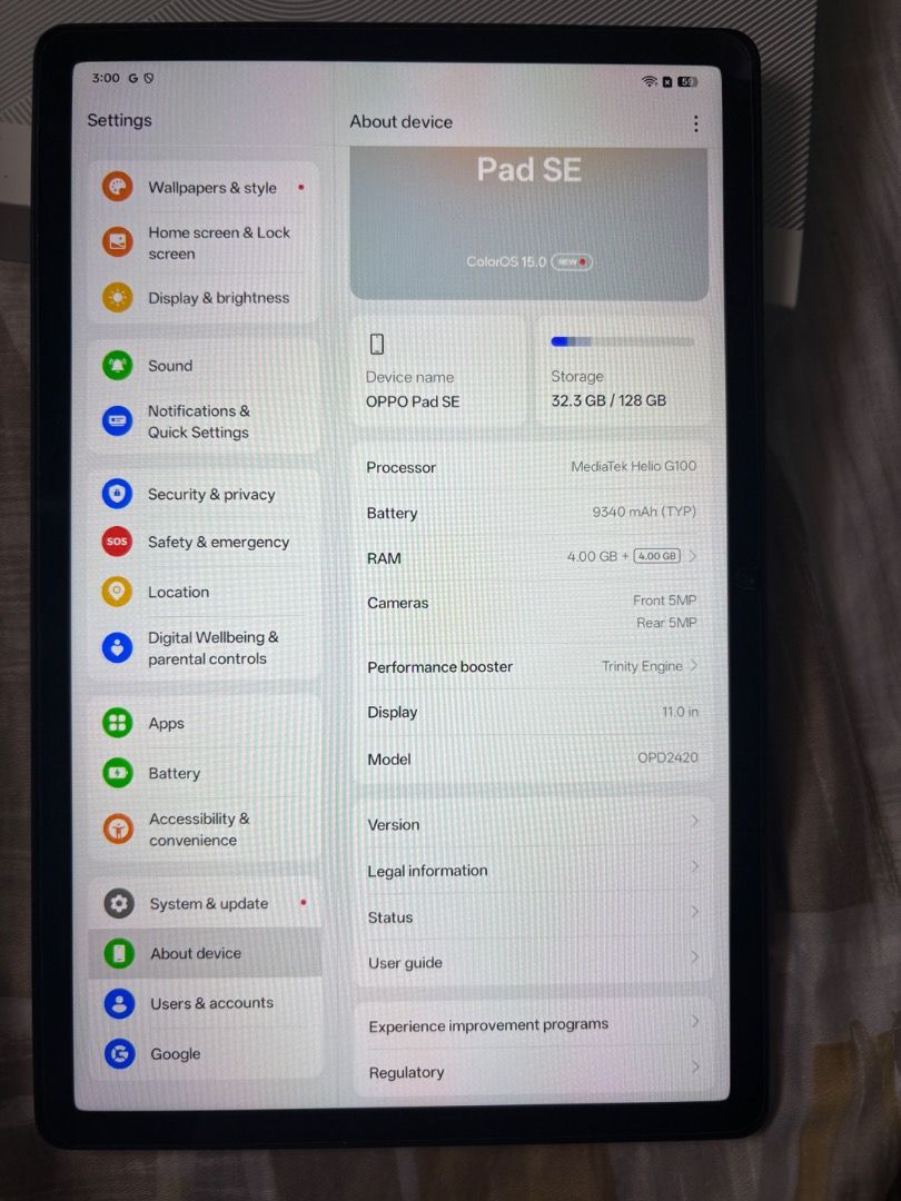 OPPO Pad SE Tablet 128GB WiFi and sim (Category: Android) located in Caloocan City. Submitted by rjams (Listing ID 1458748480, Image 3). Description: - OPPO Pad SE - 128GB Storage - 4GB RAM - 11.0-inch Display - ColorOS 13.0 - Original Box Included - Ideal for Everyday Use.