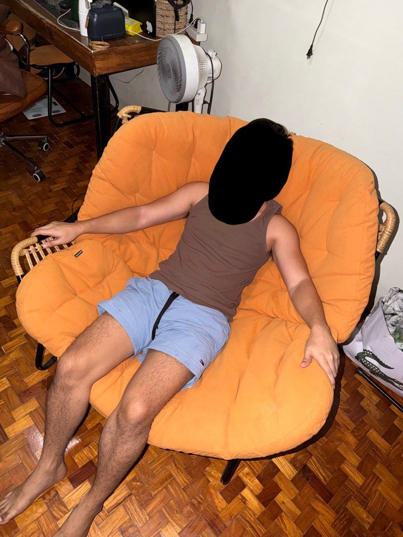 Orange Rocking chair - FS only (Category: Chairs) located in Marikina City. Submitted by declutterboy05 (Listing ID 1458743183, Image 3). Description: LALAMOVE DELIVERY ONLY (300kg-600kg SUV) - Comfy orange rocking chair - Sturdy wicker and metal frame - Removable cushion for easy cleaning - Ideal for reading nooks or living rooms Size: L 37, W 47, seat 14, H 32 measurements in inches RFS: so big for my room 🥹.