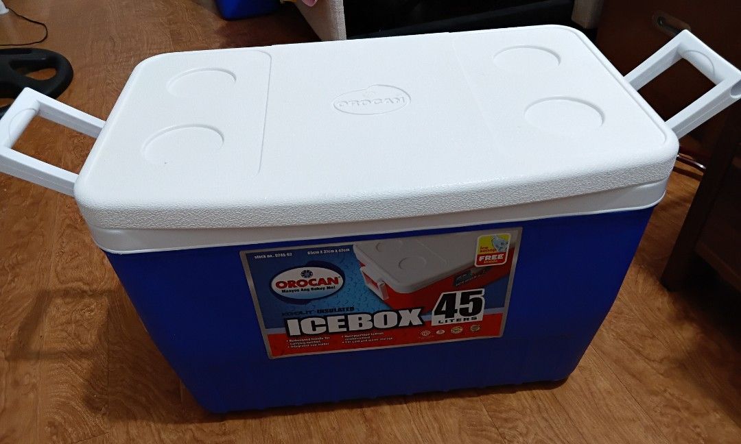 Orocan Ice Box 45 Liters Koolit Insulated (Category: Food Organization & Storage) located in Quezon City. Submitted by mmclothesrack (Listing ID 1458774016, Image 2). Description: - Orocan 45 Liter Ice Box - Koolit insulated for hot and cold storage - Redesigned handle for comfortable carrying - Integrated cup holder - Honeycomb bottom for extra reinforcement - Ideal for picnics, camping, and keeping beverages chilled.