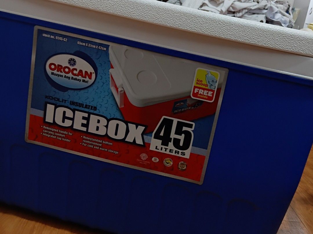 Orocan Ice Box 45 Liters Koolit Insulated (Category: Food Organization & Storage) located in Quezon City. Submitted by mmclothesrack (Listing ID 1458774016, Image 1). Description: - Orocan 45 Liter Ice Box - Koolit insulated for hot and cold storage - Redesigned handle for comfortable carrying - Integrated cup holder - Honeycomb bottom for extra reinforcement - Ideal for picnics, camping, and keeping beverages chilled.