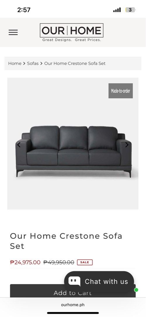 Our Home Crestone Sofa Set - DARK BROWN (Category: Sofas) located in Las Pinas. Submitted by rackers123 (Listing ID 1458748552, Image 3). Description: - Our Home Crestone Sofa Set - Color: Dark Grey - Set includes: 1 x 3-seater sofa, 2 x armchairs - Features: Great design, comfortable - Original Price: P49,950.00 - Selling Price: P24,975.00 - Note: Made-to-order item.