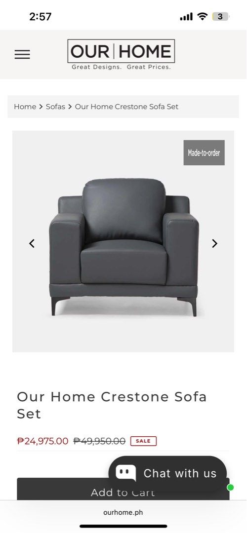 Our Home Crestone Sofa Set - DARK BROWN (Category: Sofas) located in Las Pinas. Submitted by rackers123 (Listing ID 1458748552, Image 1). Description: - Our Home Crestone Sofa Set - Color: Dark Grey - Set includes: 1 x 3-seater sofa, 2 x armchairs - Features: Great design, comfortable - Original Price: P49,950.00 - Selling Price: P24,975.00 - Note: Made-to-order item.
