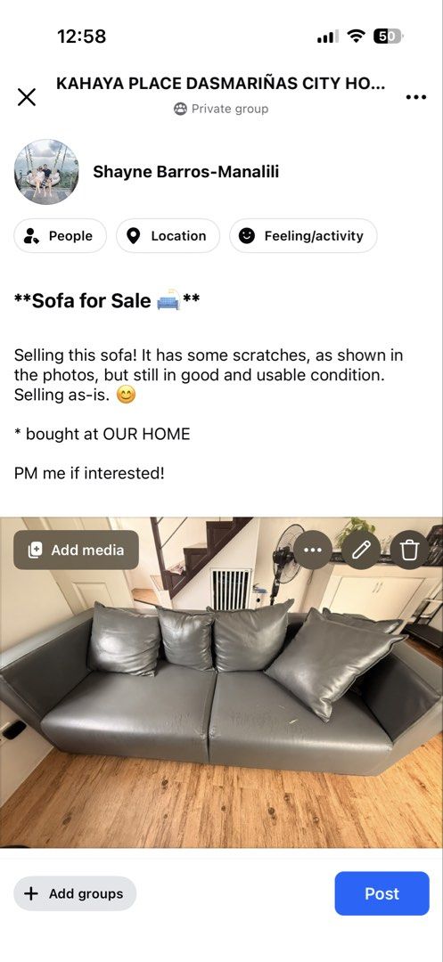 OUR HOME Sofa for Sale (Category: Sofas) located in Paranaque City. Submitted by shaynes_preloved (Listing ID 1458713242, Image 1). Description: - Used OUR HOME sofa - Minor scratches visible in photos - Still in good and usable condition - Sold as-is - Message for interested buyers.
