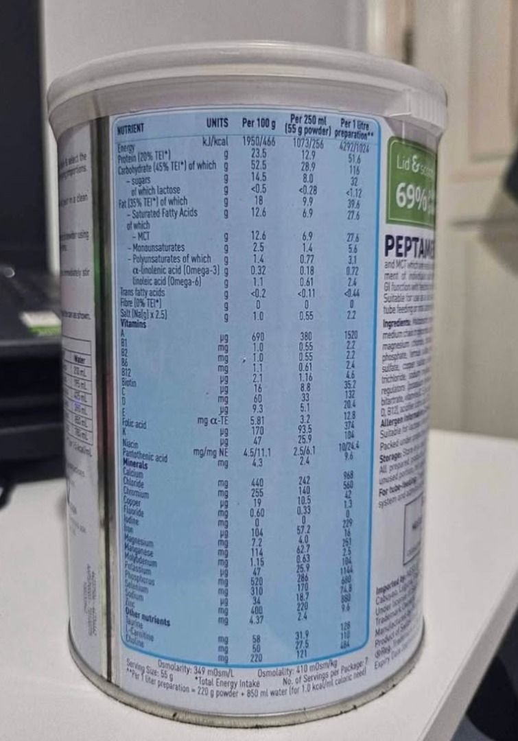 Peptamen Powder (Category: Health Food, Drinks & Tonics) located in Mandaluyong City. Submitted by simpleperfection (Listing ID 1458694398, Image 1). Description: 13 cans.