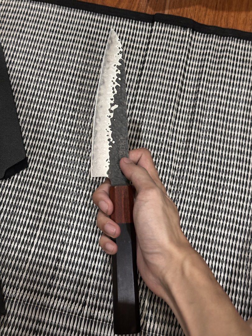 Petty knife (Category: Knives & Chopping Boards) located in Manila. Submitted by qweqwe1530 (Listing ID 1458732786, Image 2). Description: - Authentic Japanese style chef knife - hammered finish - Comes with a protective box and knife guard for safe storage - rfs: declutter .