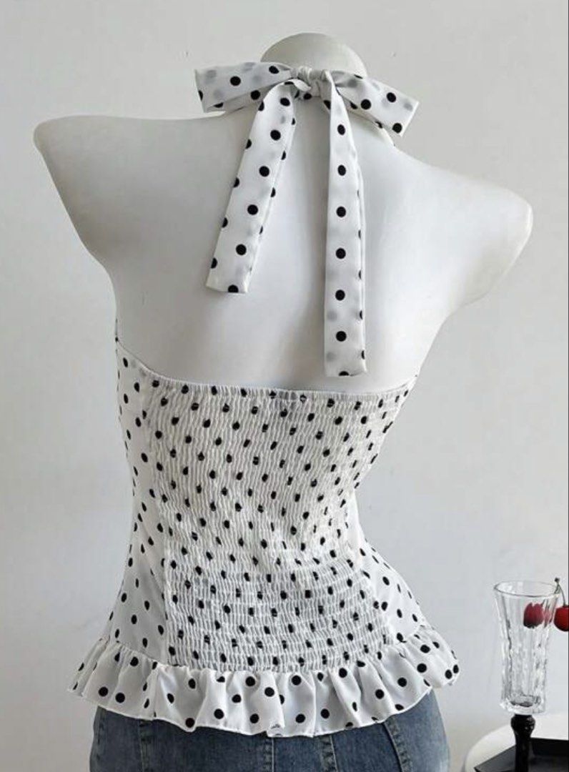 Polka Dot Bow Waist Ruffle Halter Neck (Category: Sleeveless) located in Manila. Submitted by vastlion_63308c (Listing ID 1458810645, Image 2). Description: Original Price: 274 Isang beses lang nagamit. Payment first. Buyer will shoulder the shipping fee. Thank you! 🌷.