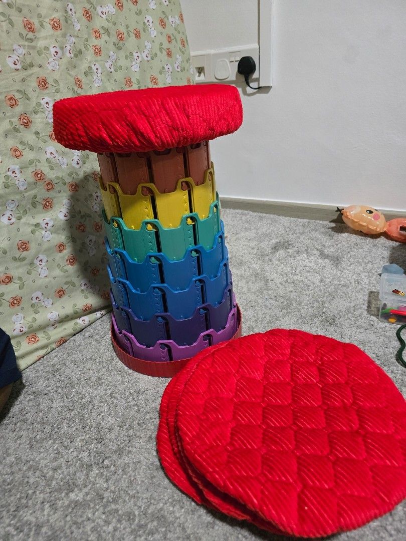 Foldable Stool (Category: Chairs) located in Singapore. Submitted by sgtrusteds (Listing ID 1458738822, Image 2). Description: BRAND NEW Portable stool with vibrant rainbow colors. Seat cushion included. - Collapsible design for easy storage and transport - Ideal for camping, outdoor events, or extra home seating. Measurements: - Extended height: 41cm - Seat diameter: approx. 24cm - Folded: 8cm 02 pieces available (Cushion included). Selling for 