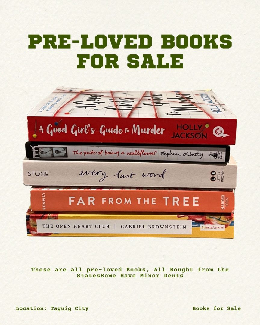 Pre-Loved Books (Category: Storybooks) located in Taguig. Submitted by froyocean (Listing ID 1458843215, Image 1). Description: Hey book lovers! 📖✨ Selling my pre-loved books, all originally bought from the States. Still in good condition overall, just a heads up — some have minor dents/wear from shelf life. 📍 Location: Taguig City 💗 RFS: Need funds for my mom's birthday 💳 MOP: GCash/Maya 🏷️ A Good Girl's Guide to Murder — ₱200 🏷️ The Perks