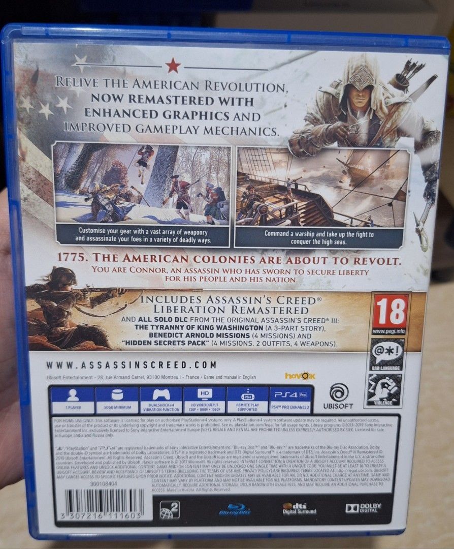 PS4 Azassins Creed Remastered Game (Category: PlayStation) located in General Trias. Submitted by aeunice (Listing ID 1458875354, Image 3). Description: Title: Assazins Creed Remastered Game PS4 In Good Condition. Original. Play the iconic Assassin's Creed III, with enhanced graphics, now featuring: 4K resolution, new character models, polished environment rendering and more. Meet up / Shipping via Lalamove, JnT, Gogo Express & LBC..