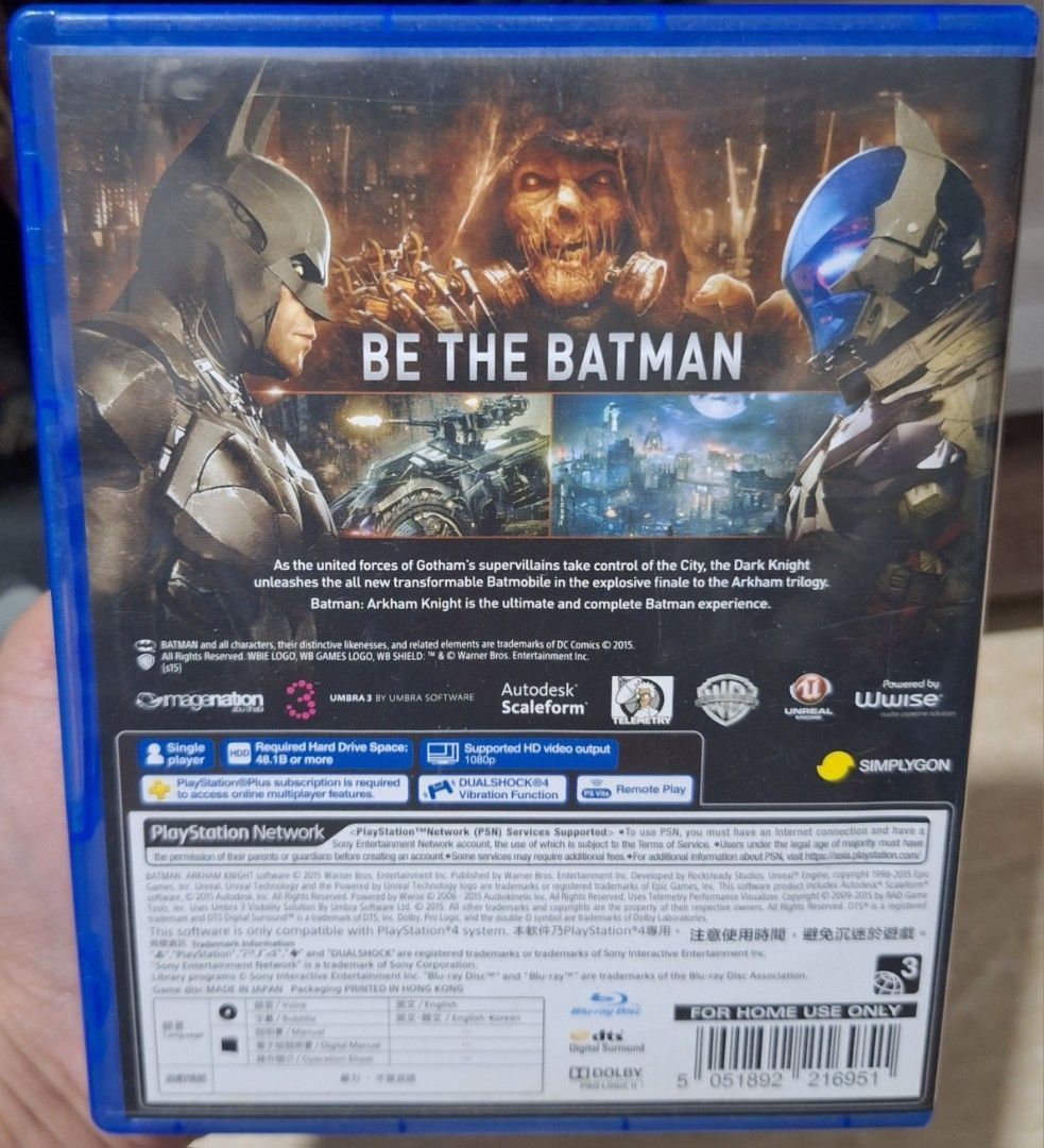 PS4 Batman Arkham Knight (Category: PlayStation) located in General Trias. Submitted by aeunice (Listing ID 1458875924, Image 3). Description: Title: Batman Arkham Knight PS4. Original. In Good Condition. Action-adventure game developed by Rocksteady Studios and published by Warner Bros. Interactive Entertainment. Meet up / Shipping via Lalamove, JnT, Gogo Express & LBC..
