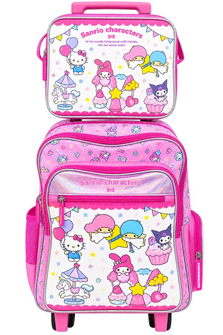 Sanrio Characters Pink Rolling Backpack with Lunch Bag (Category: Backpacks) located in Cavite. Submitted by rogernjoean (Listing ID 1458765213, Image 2). Description: - Adorable Sanrio characters: Kitty, My Melody, Keroppi, Little Twin Stars - Stylish pink design with glitter accents - Includes a matching, detachable lunch bag - Ideal for school or travel - Features wheels and a retractable handle for effortless pulling.