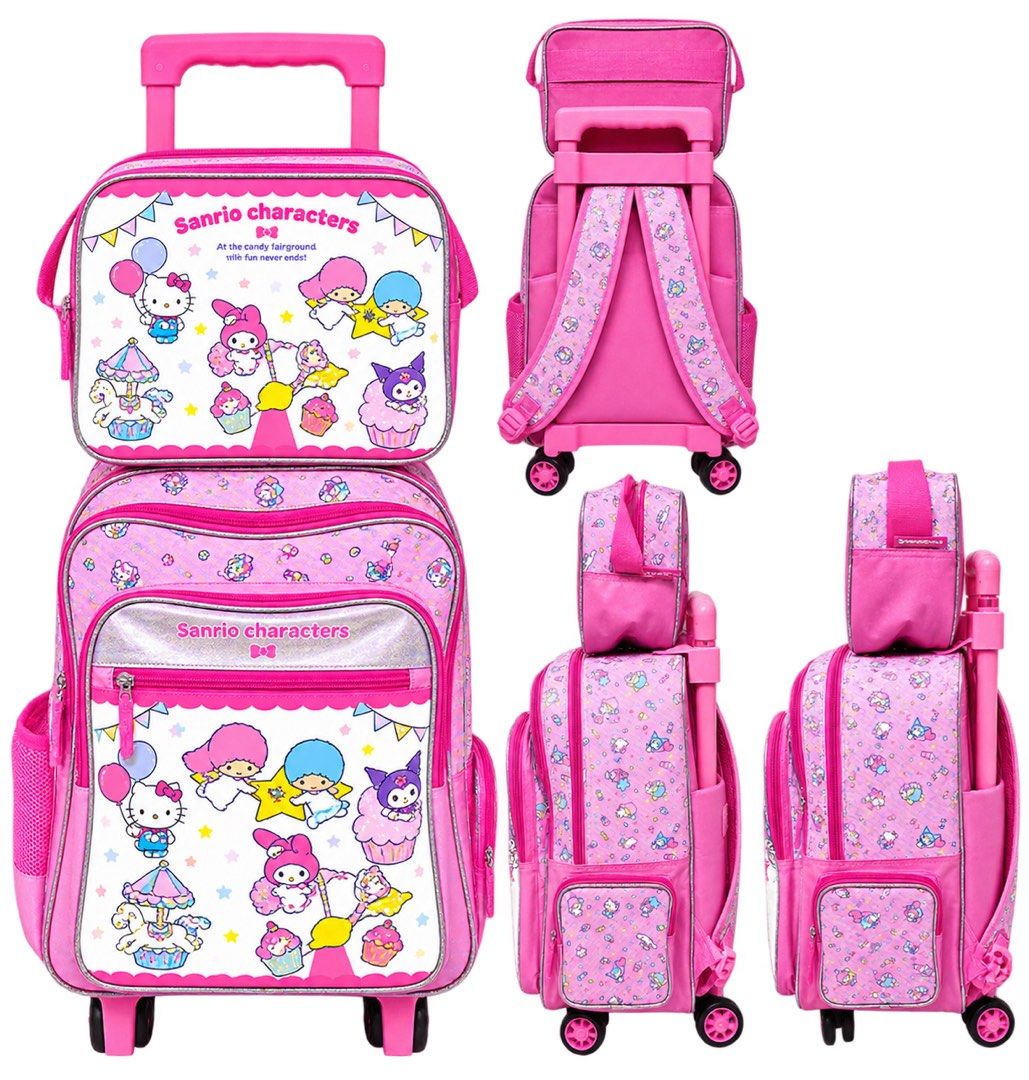 Sanrio Characters Pink Rolling Backpack with Lunch Bag (Category: Backpacks) located in Cavite. Submitted by rogernjoean (Listing ID 1458765213, Image 1). Description: - Adorable Sanrio characters: Kitty, My Melody, Keroppi, Little Twin Stars - Stylish pink design with glitter accents - Includes a matching, detachable lunch bag - Ideal for school or travel - Features wheels and a retractable handle for effortless pulling.