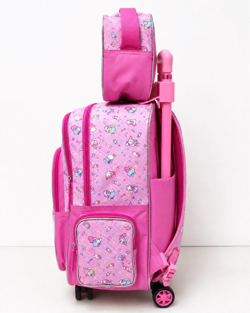 Sanrio Characters Pink Rolling Backpack with Lunch Bag (Category: Backpacks) located in Cavite. Submitted by rogernjoean (Listing ID 1458765213, Image 3). Description: - Adorable Sanrio characters: Kitty, My Melody, Keroppi, Little Twin Stars - Stylish pink design with glitter accents - Includes a matching, detachable lunch bag - Ideal for school or travel - Features wheels and a retractable handle for effortless pulling.