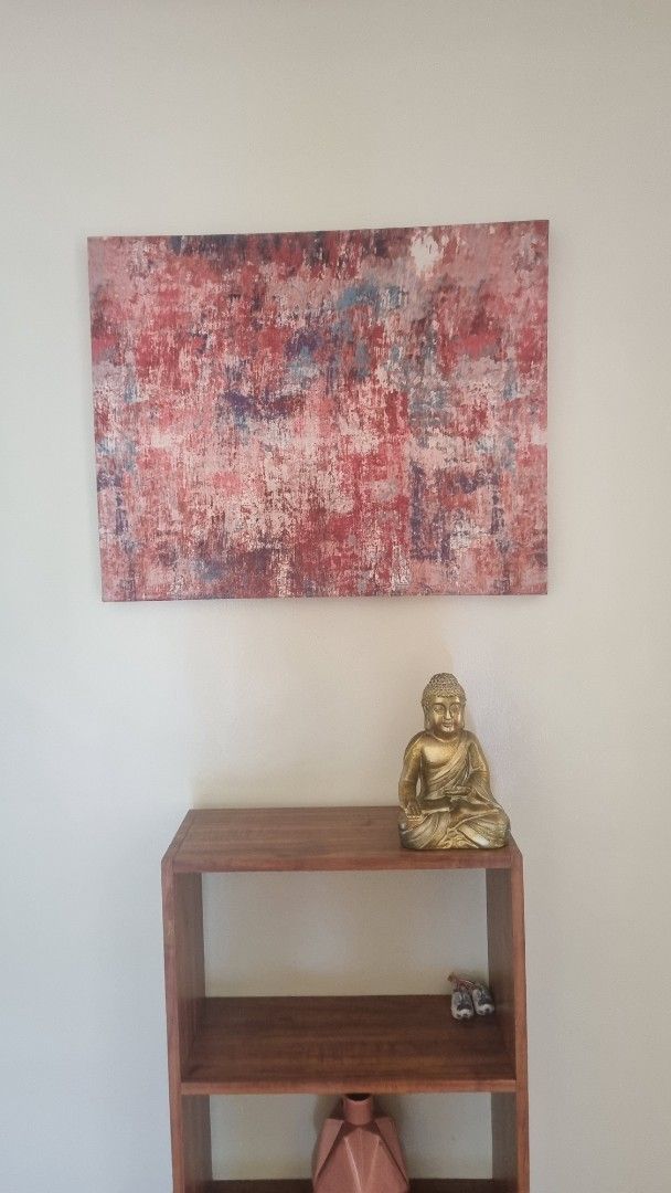 Set of 2 abstract canvas wall art (Category: Wall Decor) located in Binan City. Submitted by nicegaragesale (Listing ID 1458758307, Image 1). Description: - Set of 2 abstract canvas paintings, price is for the 2 combined. - Vibrant red, pink, and purple tones in one piece - Calming blue, grey, and beige tones in the other - Features a unique textured and distressed finish - Adds a pop of color and artistic flair to any space - Available for purch