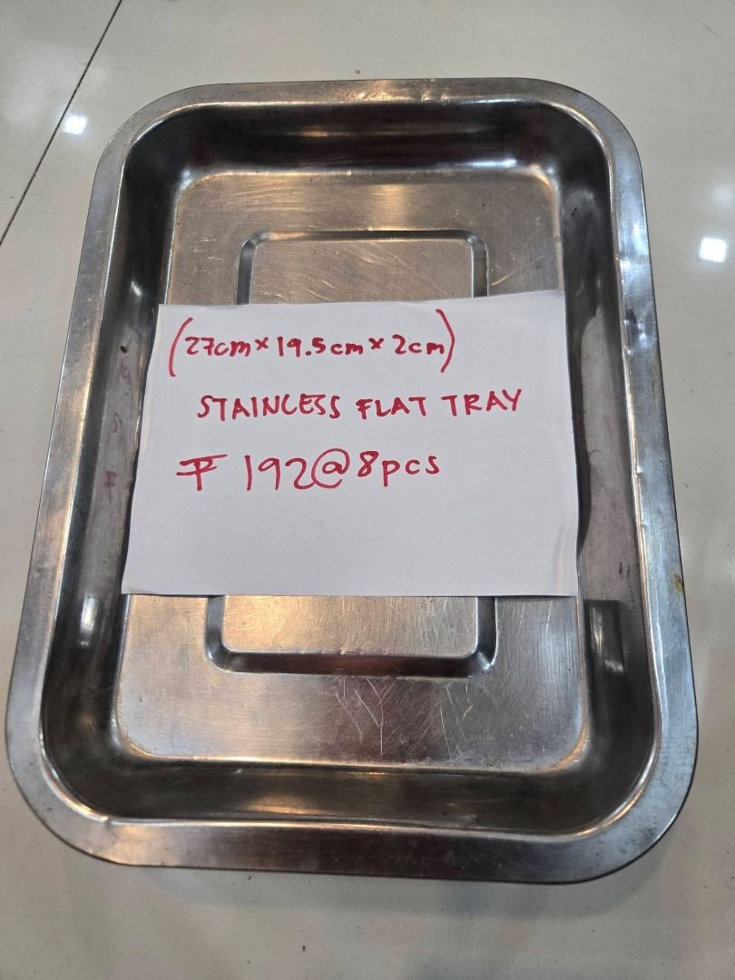 Stainless Steel Flat Tray 27cm x 19.5cm x 2cm (Category: Other Kitchenware & Tableware) located in Makati City. Submitted by maggayj98 (Listing ID 1458777721, Image 1). Description: - Set of 8 stainless steel flat trays - Dimensions: 27cm x 19.5cm x 2cm - Ideal for serving food or for food preparation - Great value at ₱192 for 8 pieces.