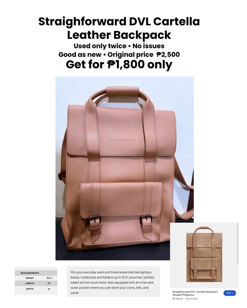 Straightforward DVL Cartella Leather Backpack (Category: Backpacks) located in Manila. Submitted by gooddealsmanila (Listing ID 1458769724, Image 1). Description: - Spacious enough for everyday essentials: laptops up to 15.5", books, notebooks, pouches, etc. - Features convenient inner and outer pockets for coins, bills, and cards. - Original price: P2,500 - Selling price: P1,800.