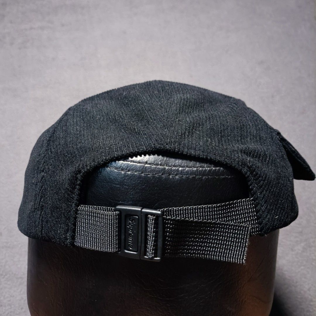 Supreme Corduroy 5-Panel Cap Black (Category: Caps & Hats) located in Manila. Submitted by nye.seller (Listing ID 1458722196, Image 3). Description: - Classic black corduroy Supreme cap - Features the iconic box logo on the front - Adjustable strap at the back for a custom fit - Made from comfortable corduroy material - Ideal for everyday wear, adding a simple and stylish touch to any outfit.