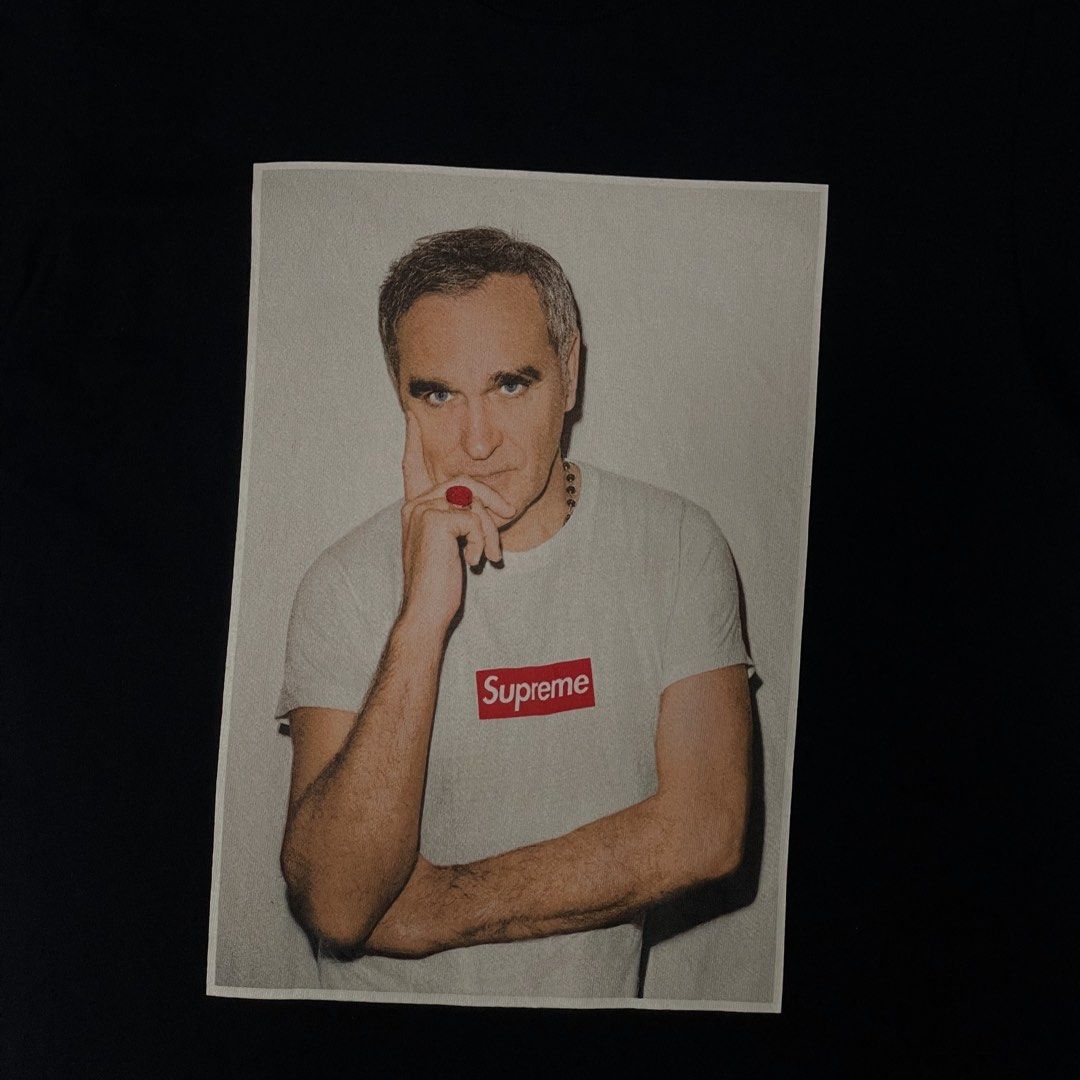 SUPREME “MORRISSEY” GRAPHIC TEE (Category: Tshirts & Polo Shirts ) located in Manila. Submitted by 5kcollectiveph (Listing ID 1458786148, Image 3). Description: SUPREME MORRISEY PHOTO TEE -Size: Small -Width: 19 -Length: 26.5 -Color rate: 9.5”10 -Flaws: Hairlines (Not visible).