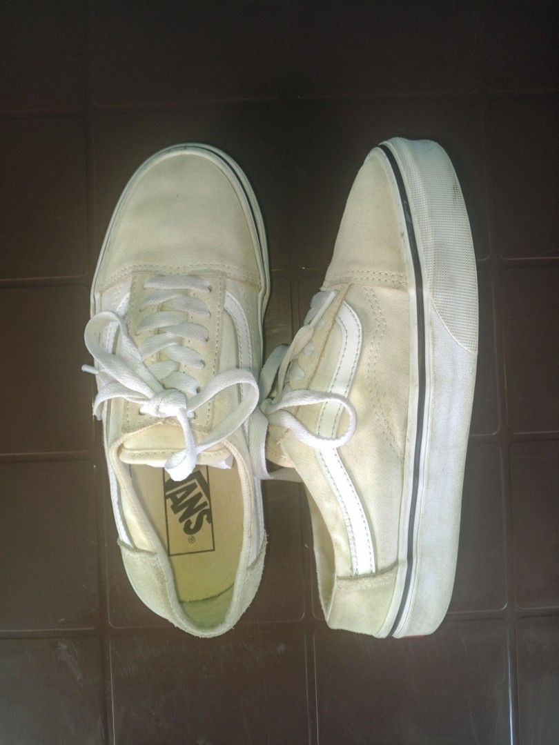 Vans Old Skool Cream Suede Sneakers (Category: Sneakers) located in Manila. Submitted by thrift_with_khryss.11 (Listing ID 1458759791, Image 2). Description: - Cream Vans Old Skool sneakers - Suede and canvas upper - Classic side stripe detail - White laces - White rubber soles - Size: 6.5 Women's / 5 Men's - Ideal for casual wear.