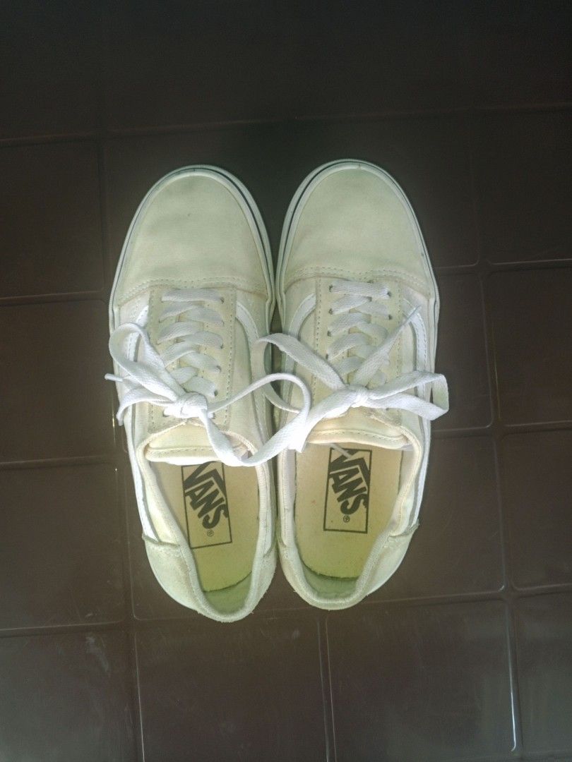Vans Old Skool Cream Suede Sneakers (Category: Sneakers) located in Manila. Submitted by thrift_with_khryss.11 (Listing ID 1458759791, Image 1). Description: - Cream Vans Old Skool sneakers - Suede and canvas upper - Classic side stripe detail - White laces - White rubber soles - Size: 6.5 Women's / 5 Men's - Ideal for casual wear.