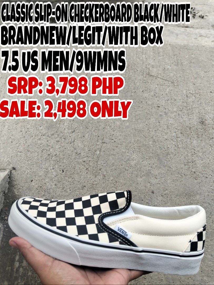VANS SLIP ON CHECKERBOARD BLACK/WHITE (Category: Sneakers) located in Cavite. Submitted by wafull29 (Listing ID 1458778284, Image 1). Description: BRANDNEW/ORIGINAL/WITH BOX COURIER: LBC , LALAMOVE, JNT WITH DOWNPAYMENT VOUCH ME FIRST FOR SAFE TRANSACTION.