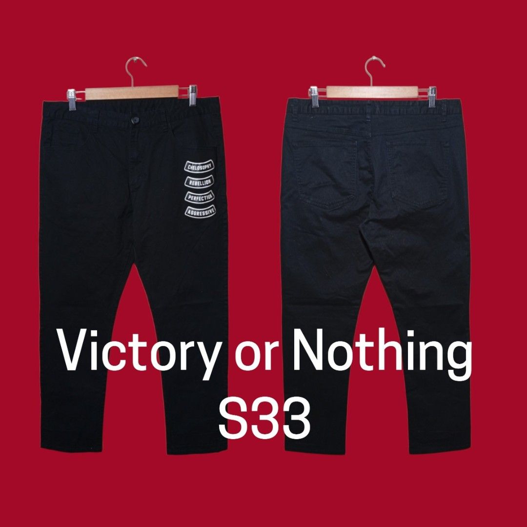 Victory or Nothing Black Chinos Basic Men's Black Chinos 33 (Category: Jeans) located in Angeles City. Submitted by Yamsninenine (Listing ID 1458435848, Image 1). Description: Victory or Nothing Black Chinos 175/84A L on tag W 33 L 25.5 📌 Height Guide 175/84A the pants are designed for a person who is 175 cm tall (5'9) with an 84 cm body girth with a regular body type A Also a Good Fit for 5'6 to 5'7 Men's Add basic to your daily rotation..