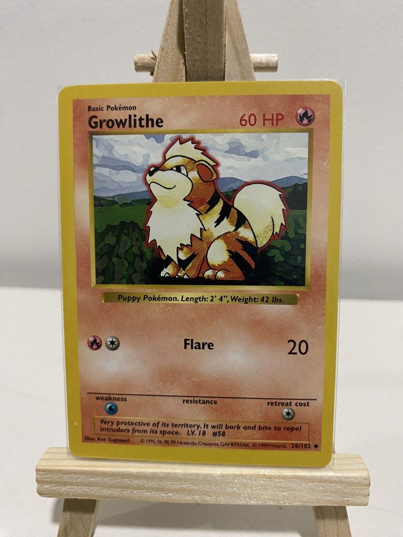 Vintage Pokemon Card Base set Shadowless - Growlithe (Category: Raw Singles) located in Santa Rosa. Submitted by toysandusbmg (Listing ID 1453111075, Image 1). Description: Vintage Pokemon Card Base set Shadowless - Growlithe Condition : MP Location : Green Pokemon Binder.