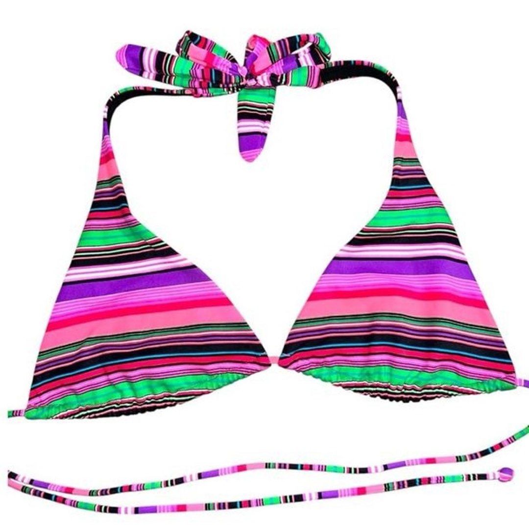 VS/PINK Striped Bikini Set (Category: Bikinis & Swimsuits) located in Binan City. Submitted by forgetmenot_ph (Listing ID 1458707893, Image 3). Description: - Victoria’s Secret top and Pink (VS sister company brand) bottoms - Cute striped bikini top with criss-cross straps - Colorful stripes: purple, pink, green, and black - Matching bright pink string bikini bottoms - Adjustable side ties on bottoms - Top can be worn multiple ways.