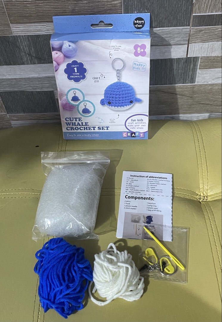 Whale Keychain Crochet Set (Category: Handmade Craft) located in Manila. Submitted by prelovedpicksph (Listing ID 1458864398, Image 2). Description: — in good condition, no flaws to avail materials — kit is complete except the crochet hook is not included — kit includes: instruction manual, 2 yarns, 1 bag of filling, 2 stitch markers, 1 keychain, 1 jump ring, and 2 plastic eyes.
