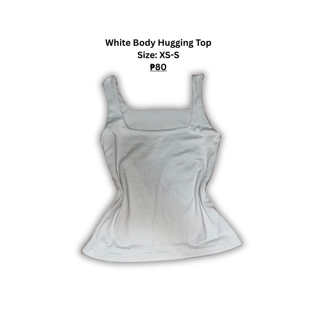 White Body Hugging Top XS-S (Category: Sleeveless) located in Bulacan. Submitted by yana.flrs (Listing ID 1458856316, Image 1). Description: - White body hugging top - Square neckline - Stretchy material - Fits XS to S - Great for layering or wearing on its own - Super comfy.