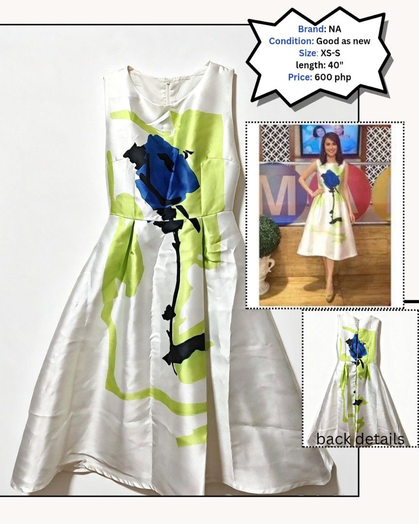 white sleeveless a-line dress (Category: Dresses) located in Manila. Submitted by rewear.shop (Listing ID 1458888407, Image 1). Description: white sleeveless a-line dress featuring a bold blue rose graphic outlined in black, set against light green abstract brushstroke patterns..