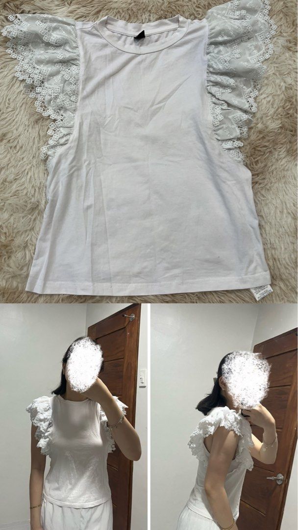 White Top with Lace Flutter Sleeves (Category: Others Tops) located in Bulacan. Submitted by baochacco (Listing ID 1458781834, Image 1). Description: - Cute white top - Features delicate, tiered lace flutter sleeves - Perfect for casual outings or dressing up - Easily pairs with jeans or skirts - Comfortable and stylish.