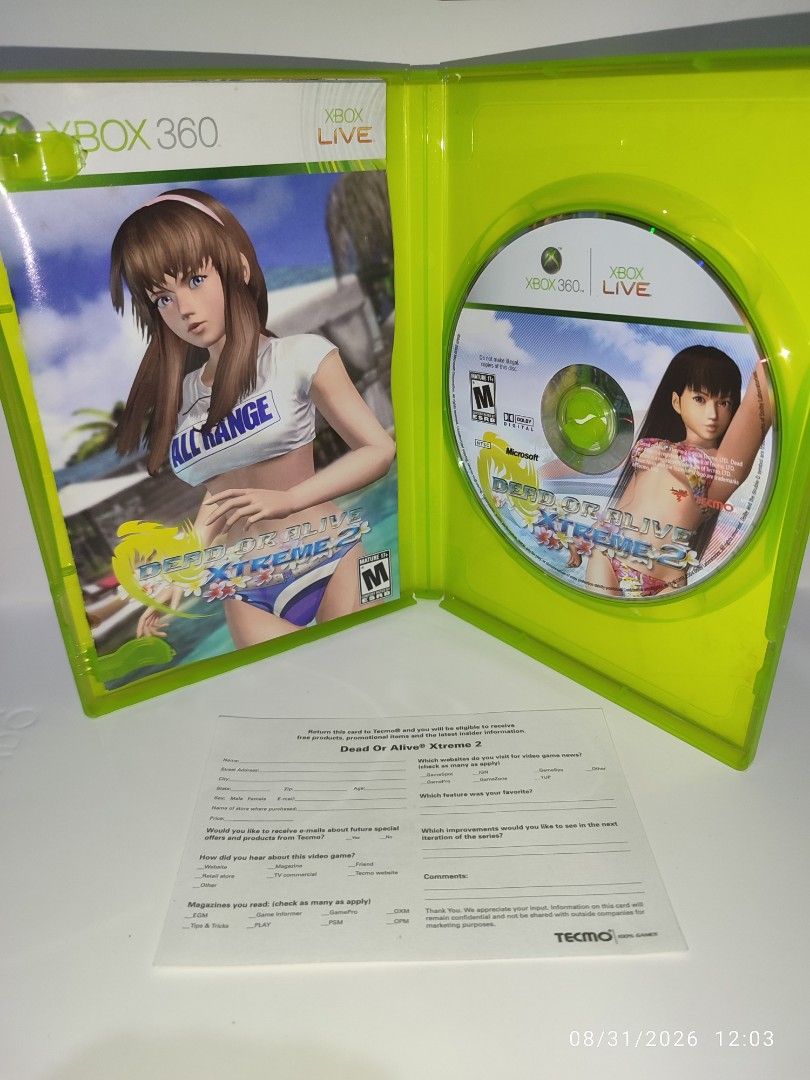 XBOX 360 - Dead or Alive Xtreme 2 (PRE-OWNED) "NTSC" (Category: Xbox) located in Mendez-Nunez. Submitted by sf2_gameshop (Listing ID 1458718323, Image 3). Description: PLEASE READ Plays on an NTSC XBOX 360 unit. NTSC/J - X (NO) NTSC - √ (YES) PAL - X (NO) CONDITION: A pre-owned item. Tested working. The game manual has rusty staples. Please refer to the posted photos for the item condition. GENRE: Sports, Casino MODE: Single-player, multiplayer R