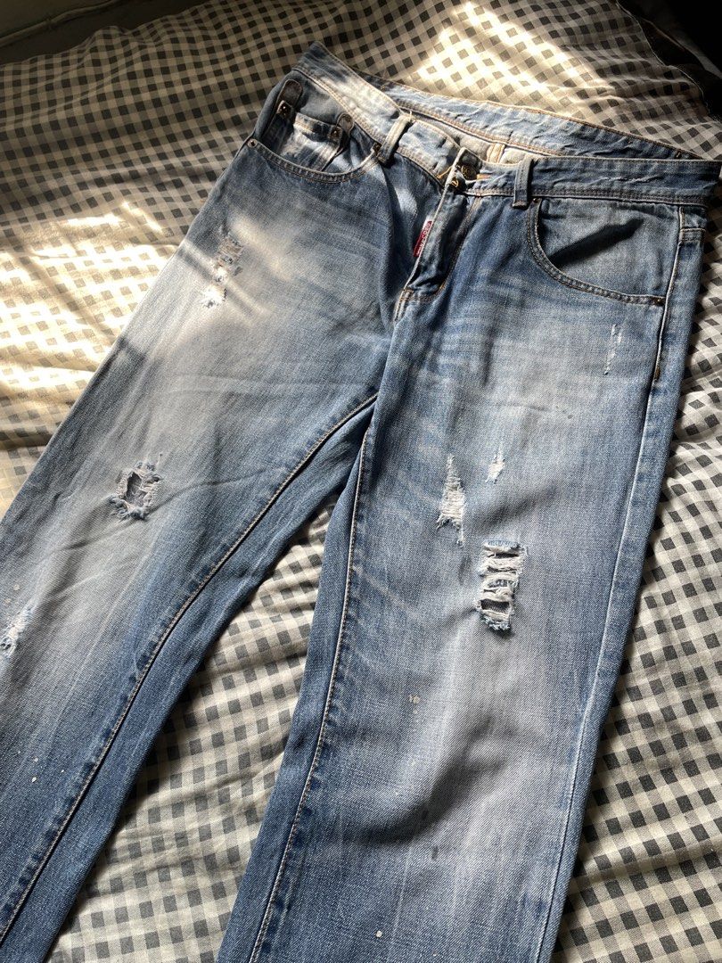 Y2K Dsquared2 Distressed Jeans (Category: Jeans) located in Naga. Submitted by curatedslips (Listing ID 1458728344, Image 3). Description: Dsquared2 📏 Measurements: 36” Waist × 43.5” Length × 8” Hem Beautifully Distressed! Good for Y2K/Vintage Outfits and loves grungy aesthetic.