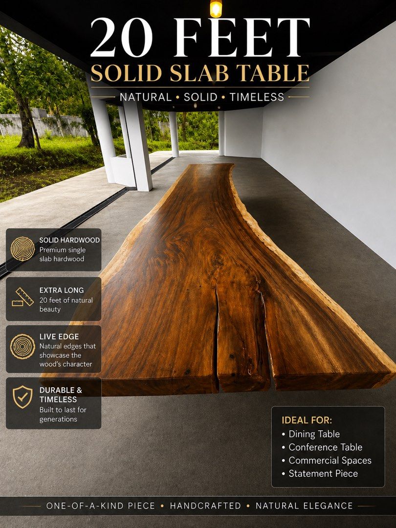 20 Feet Solid Hardwood Live Edge Slab Table (Category: Tables & Sets) located in Quezon City. Submitted by jamescarlos_2025 (Listing ID 1453769215, Image 2). Description: 🌳 FOR SALE – BRAND NEW SOLID ACACIA SLAB TABLE 🌳 ✨ A stunning one-of-a-kind statement piece! ✅ Brand New ✅ Solid Acacia Wood Slab ✅ Approximately 20 Feet Long ✅ 5 Inches Thick ✅ Width: 49” to 54” (natural live-edge variation) Perfect for: 🏡 Luxury homes 🍽️ Grand dining table