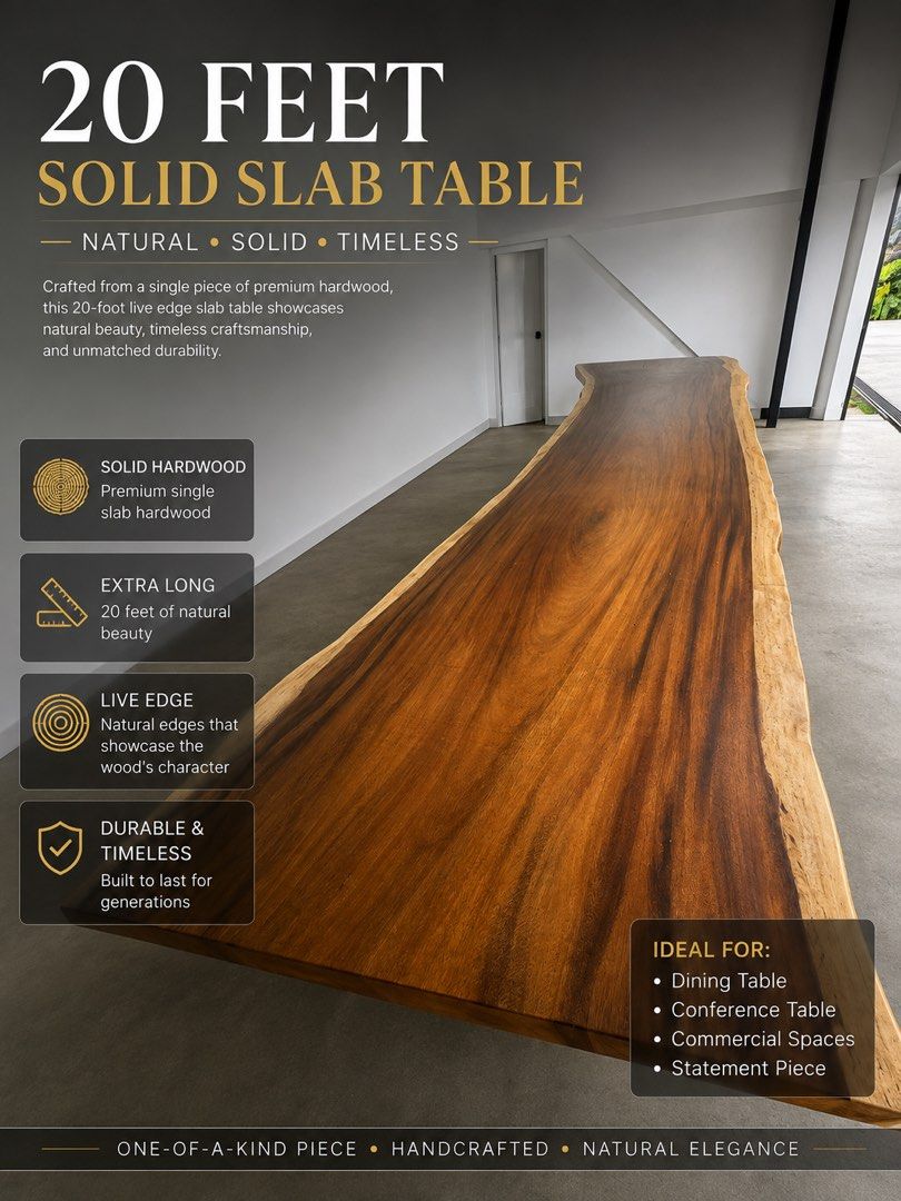 20 Feet Solid Hardwood Live Edge Slab Table (Category: Tables & Sets) located in Quezon City. Submitted by jamescarlos_2025 (Listing ID 1453769215, Image 1). Description: 🌳 FOR SALE – BRAND NEW SOLID ACACIA SLAB TABLE 🌳 ✨ A stunning one-of-a-kind statement piece! ✅ Brand New ✅ Solid Acacia Wood Slab ✅ Approximately 20 Feet Long ✅ 5 Inches Thick ✅ Width: 49” to 54” (natural live-edge variation) Perfect for: 🏡 Luxury homes 🍽️ Grand dining table