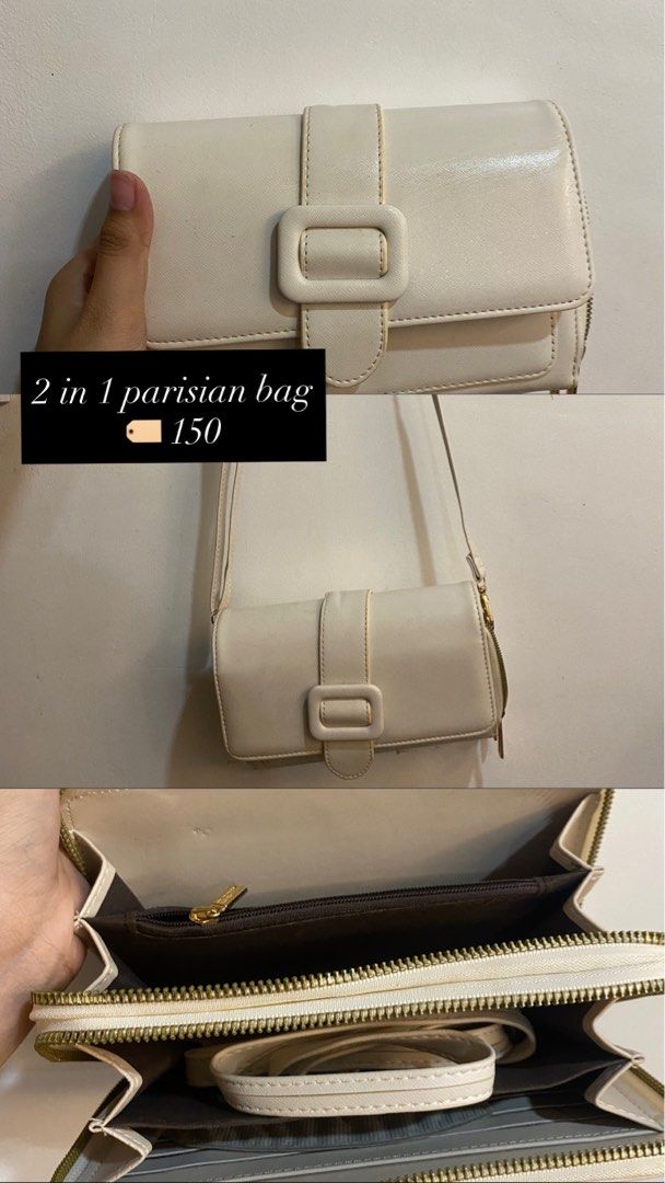 2-in-1 Parisian Bag (Category: Shoulder Bags) located in Bulacan. Submitted by hellosofiaaa (Listing ID 1453759775, Image 1). Description: - Versatile 2-in-1 bag: Use as a clutch or with the included shoulder strap. - Chic cream color. - Stylish buckle detail on the front. - Secure zipper closure. - Organized interior with multiple compartments. - Price: PHP 150.