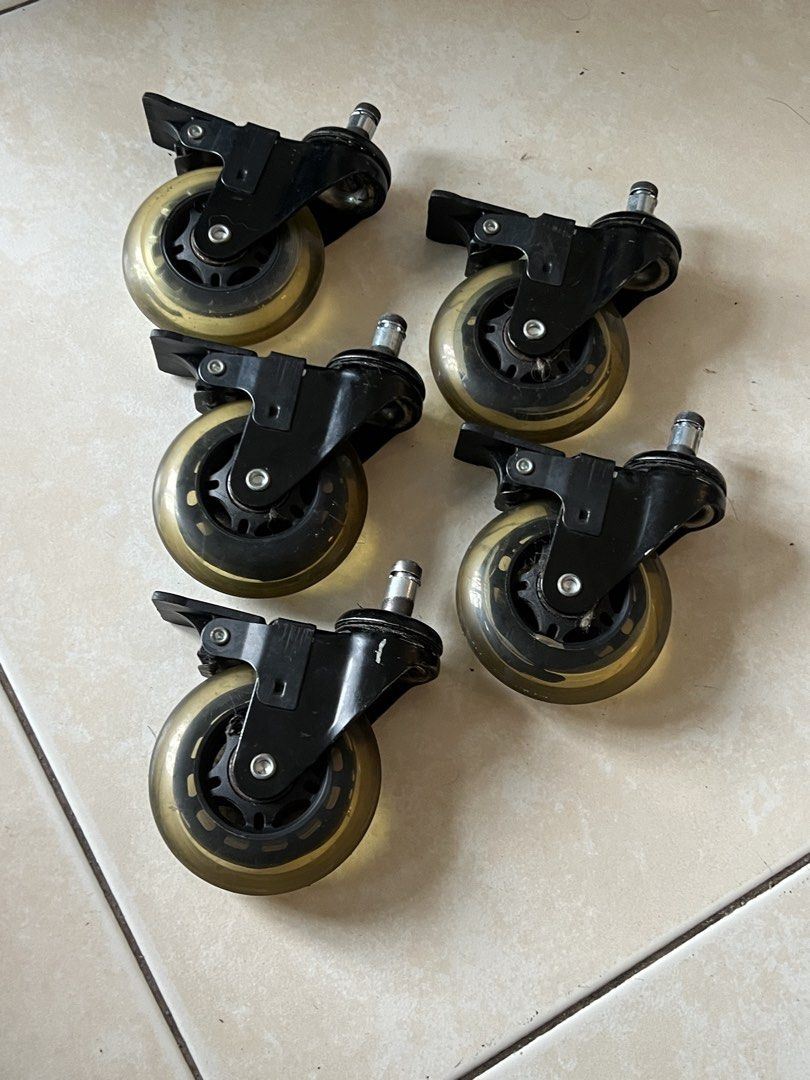 5 Caster Wheels for Standard Office Chair Upgrade (Category: Office Furniture & Fixtures) located in Quezon City. Submitted by ulapaap (Listing ID 1453672799, Image 1). Description: - Set of 5 caster wheels, 3 inches wheel - Designed to just pop in for standard office chairs (11mm stem diameter) - Durable and easy rolling, needs cleaning.