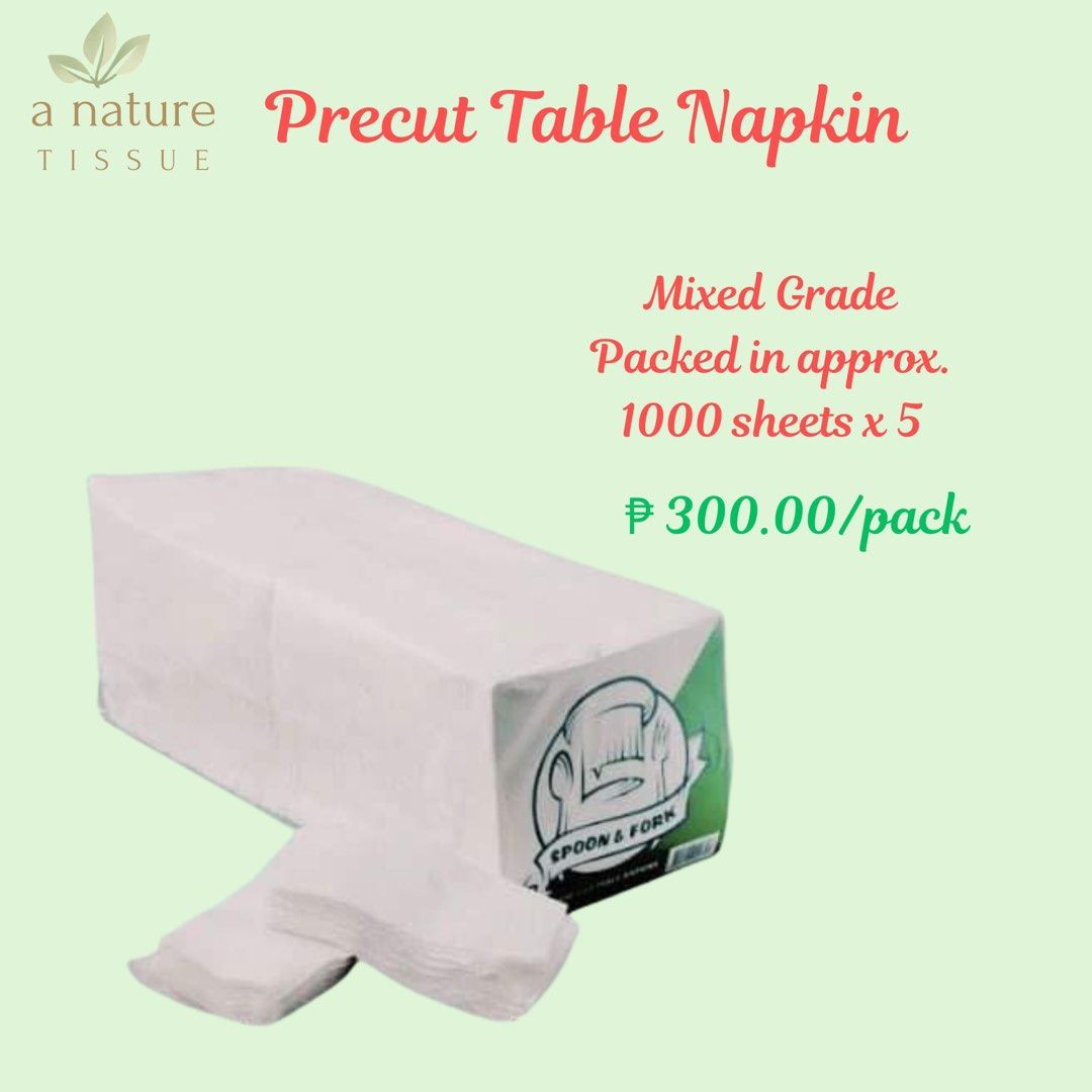A Nature Tissue Precut Table Napkins - 1000 Sheets x 5 (Category: Table Linen & Textiles) located in Manila. Submitted by prelovedbyarlene (Listing ID 1453693671, Image 1). Description: 🌸A Nature Tissue precut table napkins - Mixed grade for versatility - Approximately 1000 sheets per pack - 5 packs available - Ideal for restaurants, cafes, and events - Great value at ₱300.00 per pack ‼️PAYMENT FIRST/ IF COD THRU LALAMOVE BUYER WILL BOOK THE RID