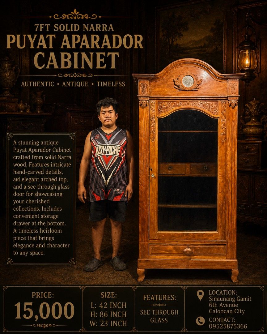 Antique 7ft Puyat Narra Aparador Solid Wood (Category: Shelves, Cabinets & Racks) located in Manila. Submitted by makkieenri69972 (Listing ID 1453802244, Image 1). Description: .