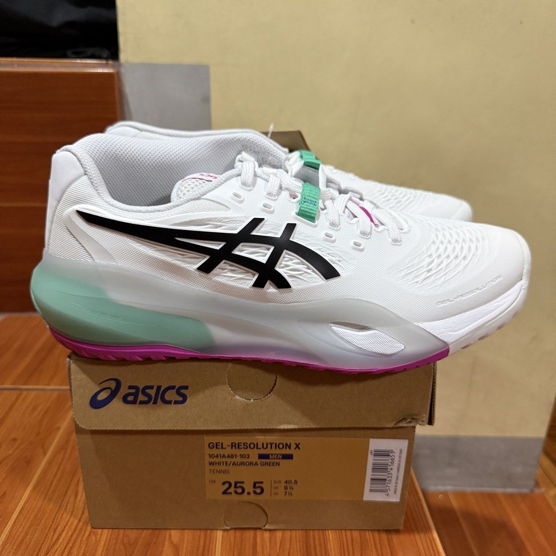 Asics Gel Resolution X (Category: Sneakers) located in Balagtas. Submitted by mlodogg (Listing ID 1453796497, Image 2). Description: For Sale Asics Gel Resolution X All authentic 🇯🇵 pairs Brand new with tags and box ✅7,000 each firm 📉Lowest in the market ➡️🎾Grey Blue/Pistachio Size 9.5 (27.5cm) Size 11.5 (29cm) 🩷🩵White/Aurora Green Size 7.5 (25.5cm) ⚪️🟣White/Blue Bell Size 7 womens (24cm) Bulacan area Can do shipping via lalamove/j&t/lbc U