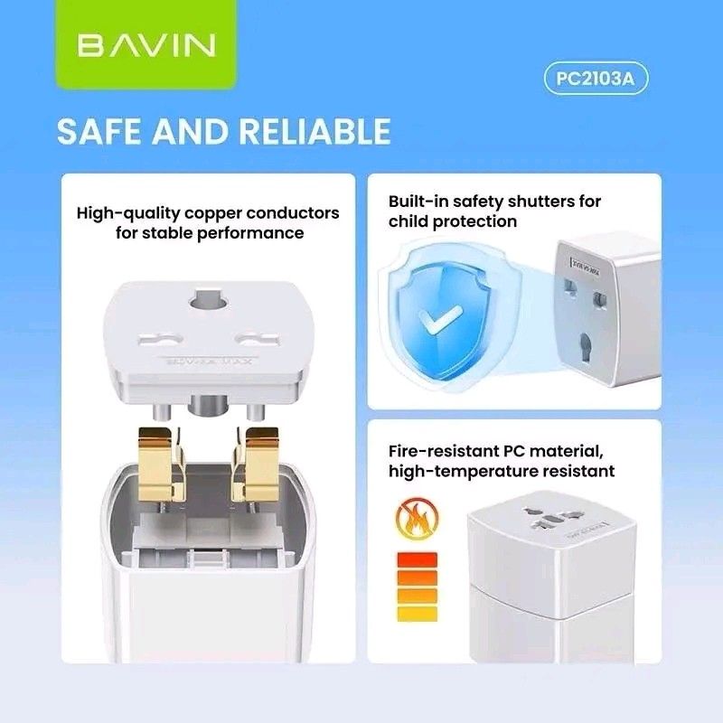 Bavin PC2103A Universal Travel Plug Adapter (Category: Cables & Adaptors) located in Manila. Submitted by marvieobordo (Listing ID 1453644294, Image 3). Description: - Bavin Universal Travel Adapter (Model PC2103A) - Works in over 200 countries and regions worldwide - Compatible with EU, UK, US, and AU plugs - Made with durable, fire-resistant PC material - Features high-quality copper conductors for reliable connection - Built-in safety shutters