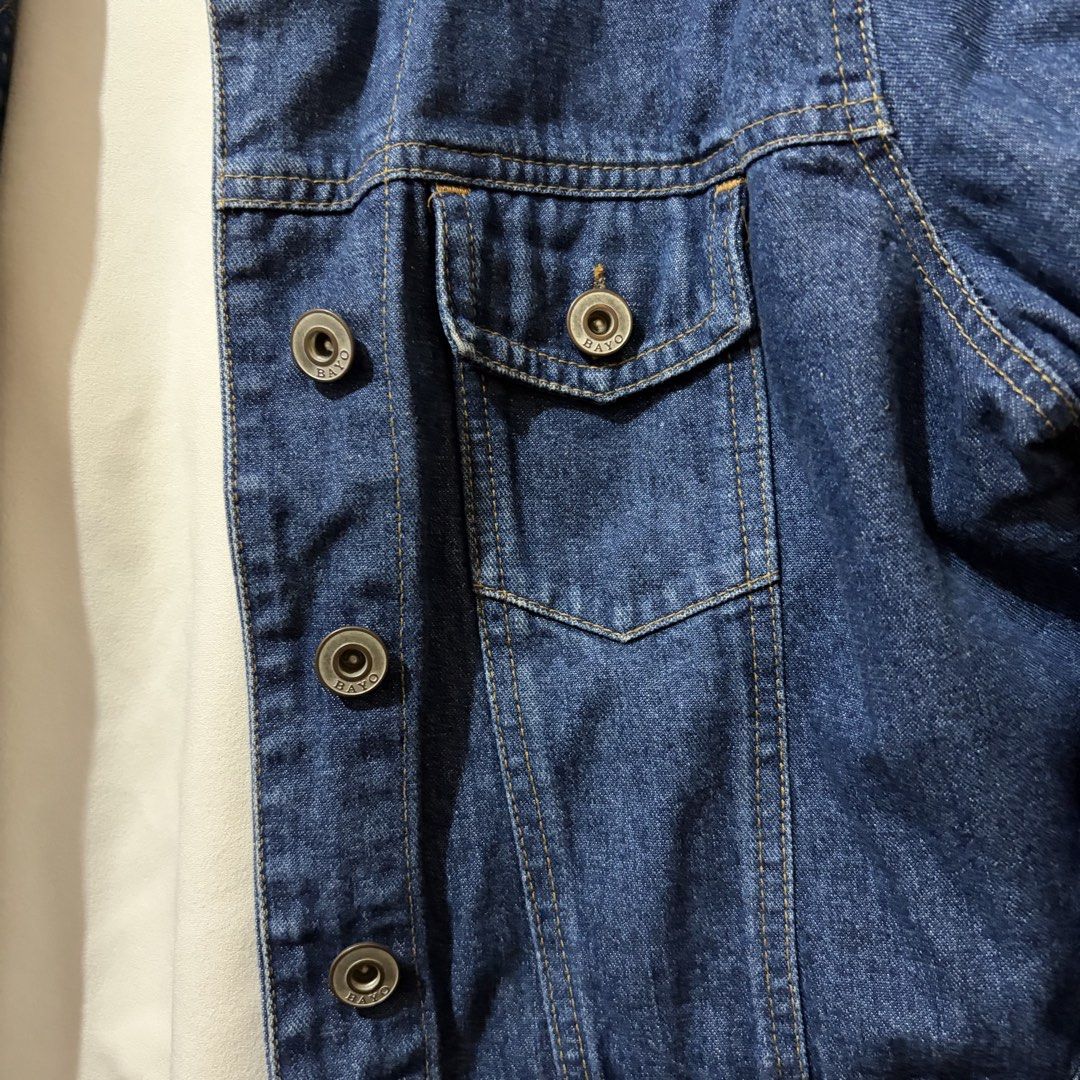 Bayo Cropped Denim Jacket (Category: Coats, Jackets and Outerwear) located in Tayug. Submitted by deklutter_ (Listing ID 1453759734, Image 2). Description: Great for layering. So nice irl! Bust 18.25 in (when laid flat, closed buttons) Length 18 in No issues ‼️Pls haggle responsibly. Items are priced according to their overall condition..